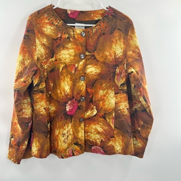 Chico's sz 2 12 L Jacket Brown Pink Floral Watercolor Embellished Button Front - Picture 1 of 10